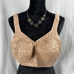Women's Breezies Lace Unlined Wireless Support Bra 48DD Tan Beige Floral